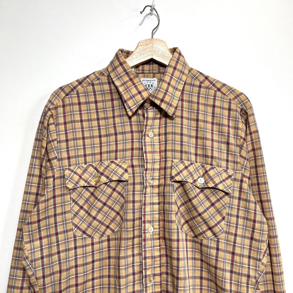 Vintage 1980 Levi Strauss Olympic Games Plaid Button Shirt Size L USA Team